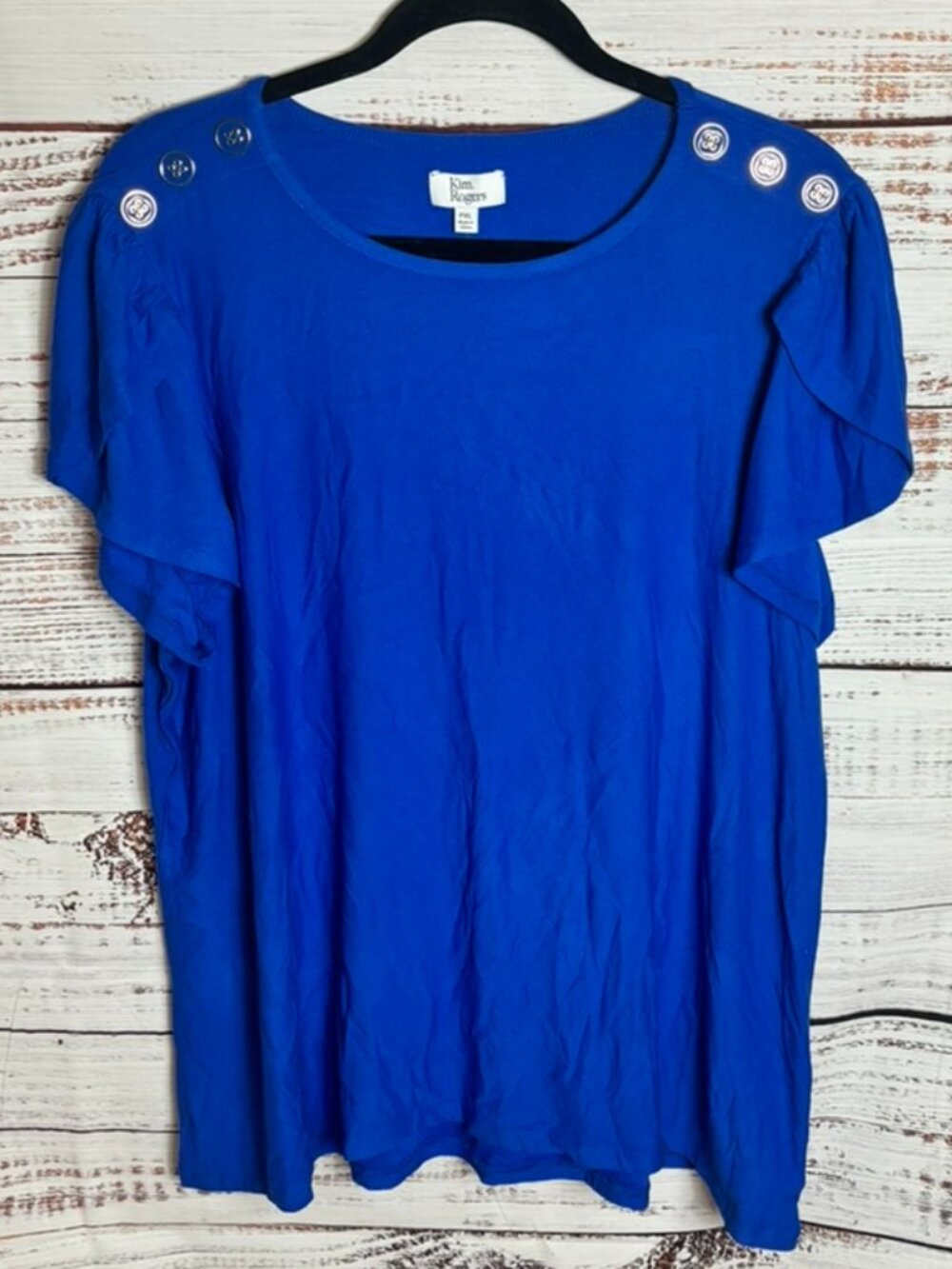 NWT Kim Rogers short sleeve women’s top royal blue with button accents size PXL